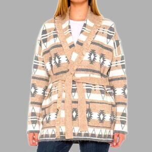 Tahari Women's Belted Cardigan Knit Sweater Tribal Aztec Southwestern Size M